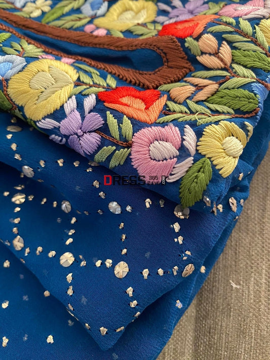 Blue All Over Mukaish Parsi Gara Suit Chikankari Suits