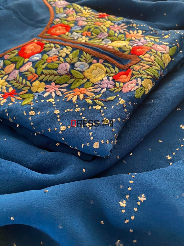 Blue All Over Mukaish Parsi Gara Suit Chikankari Suits