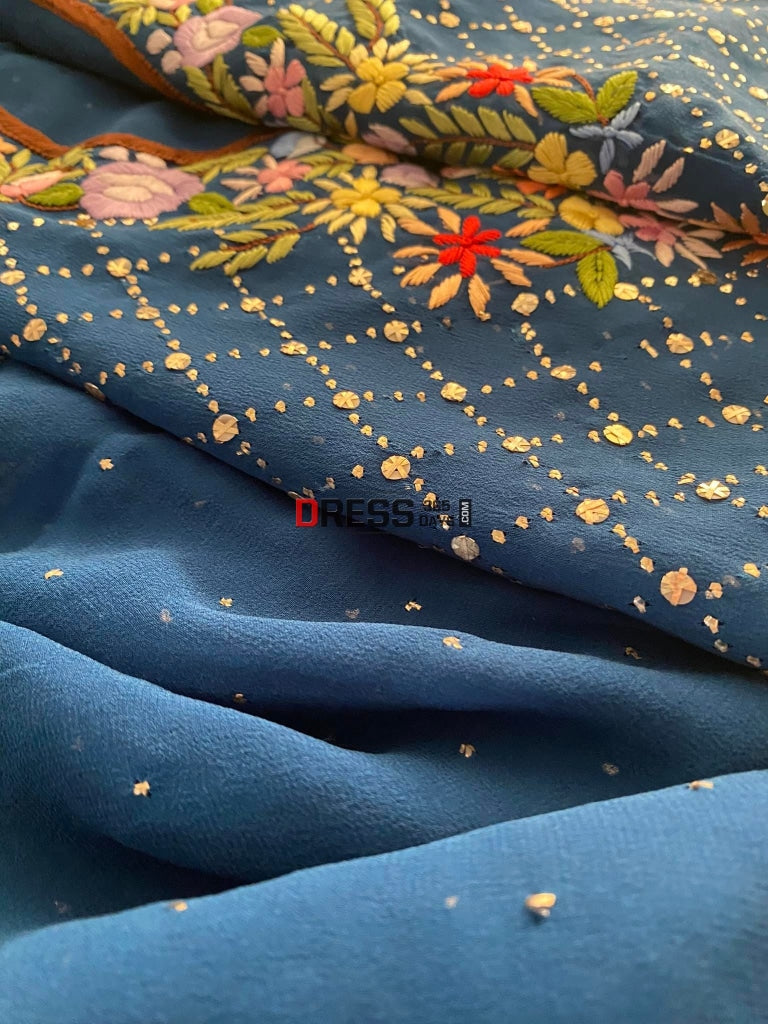 Blue All Over Mukaish Parsi Gara Suit Chikankari Suits