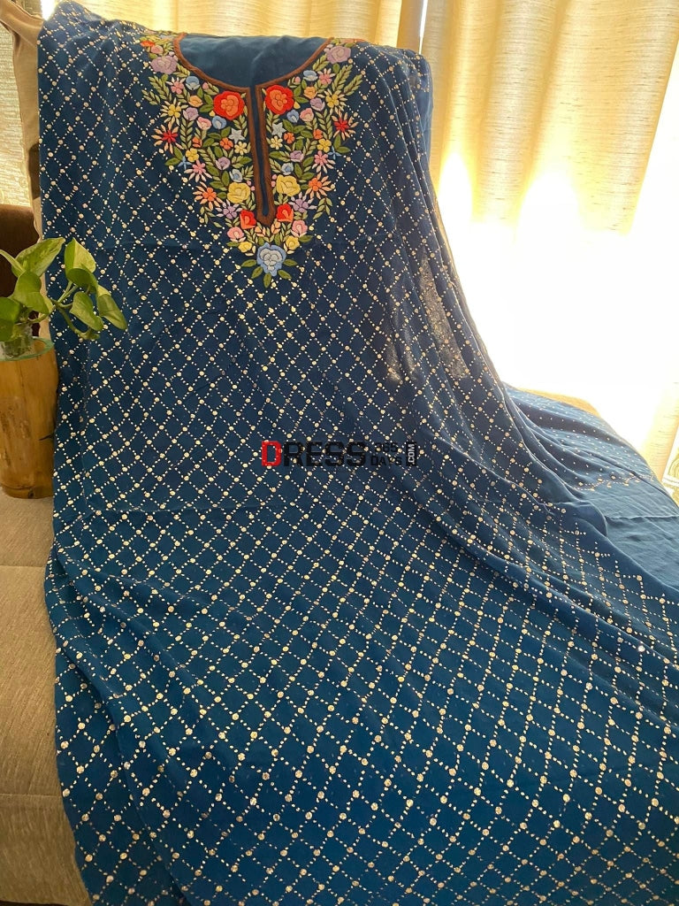 Blue All Over Mukaish Parsi Gara Suit Chikankari Suits