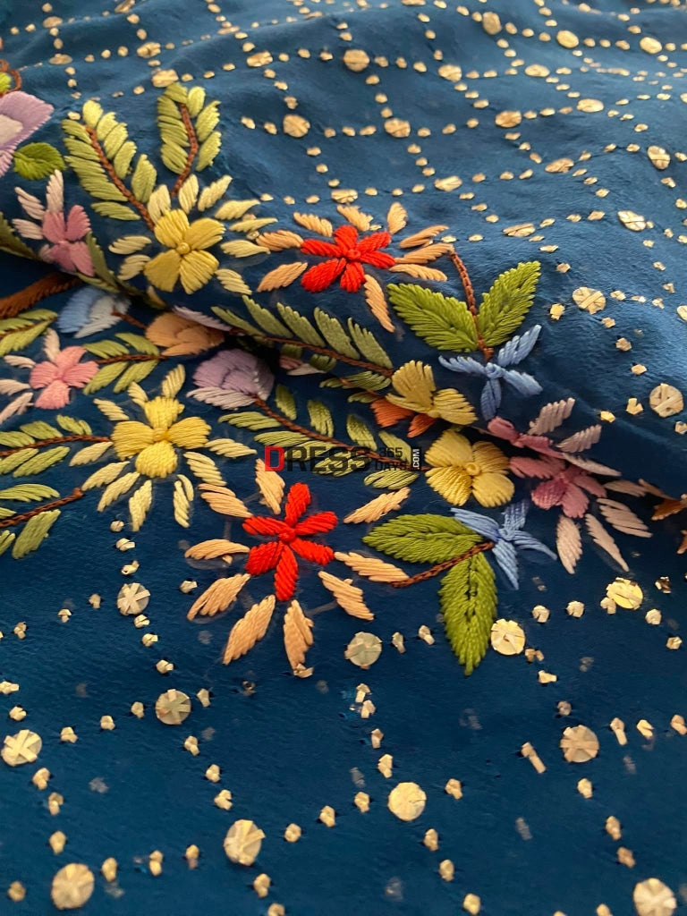 Blue All Over Mukaish Parsi Gara Suit Chikankari Suits