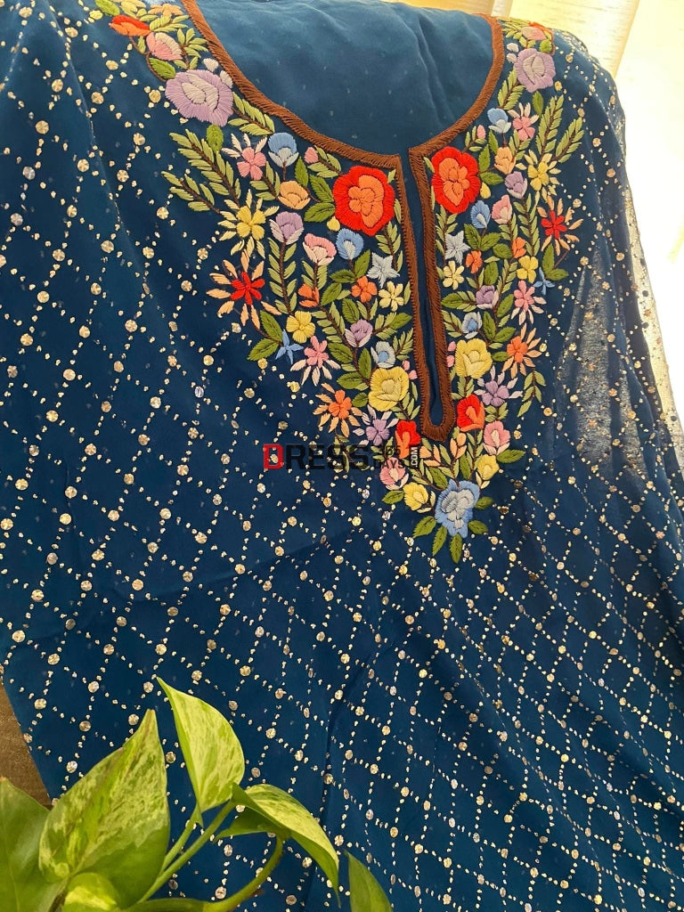 Blue All Over Mukaish Parsi Gara Suit Chikankari Suits