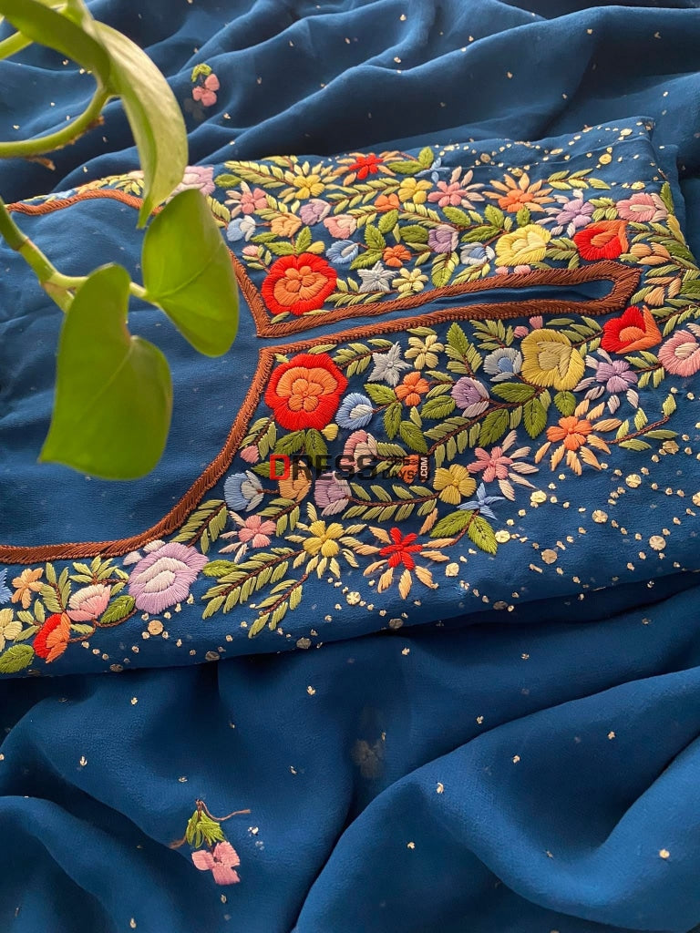 Blue All Over Mukaish Parsi Gara Suit Chikankari Suits