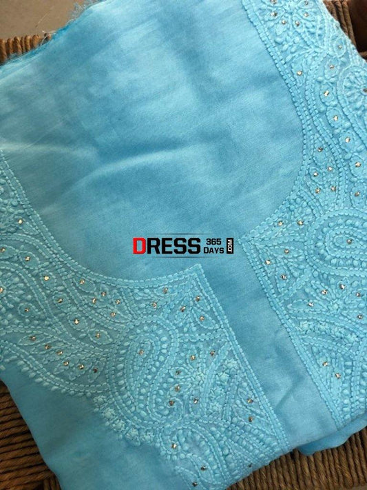 Blue Chanderi Chikankari And Mukaish Suit (Kurta Dupatta) Suits