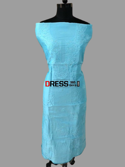 Blue Chanderi Chikankari And Mukaish Suit (Kurta And Dupatta) - Dress365days