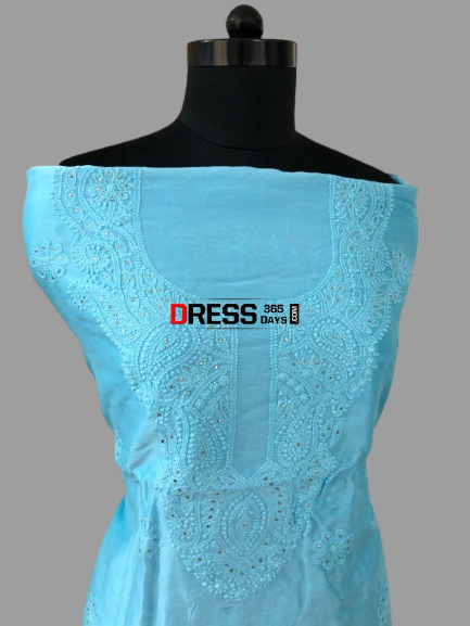 Blue Chanderi Chikankari And Mukaish Suit (Kurta And Dupatta) - Dress365days