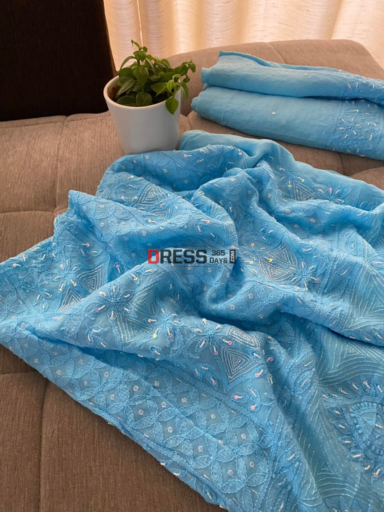 Blue Chikankari Pearl Kurta Dupatta Set Suits