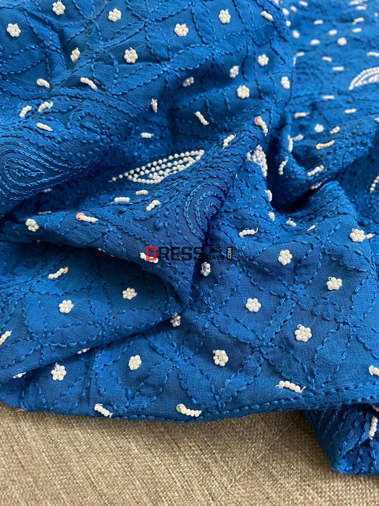 Blue Chikankari Pearl Kurta Dupatta Set Suits