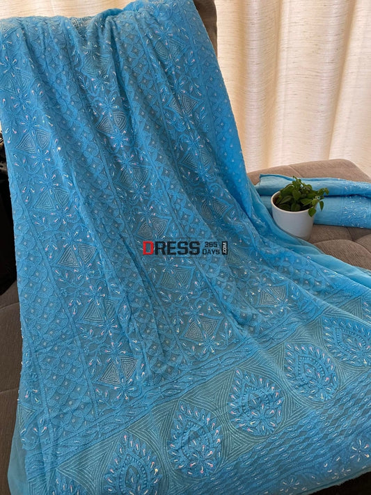 Blue Chikankari Pearl Kurta Dupatta Set Suits