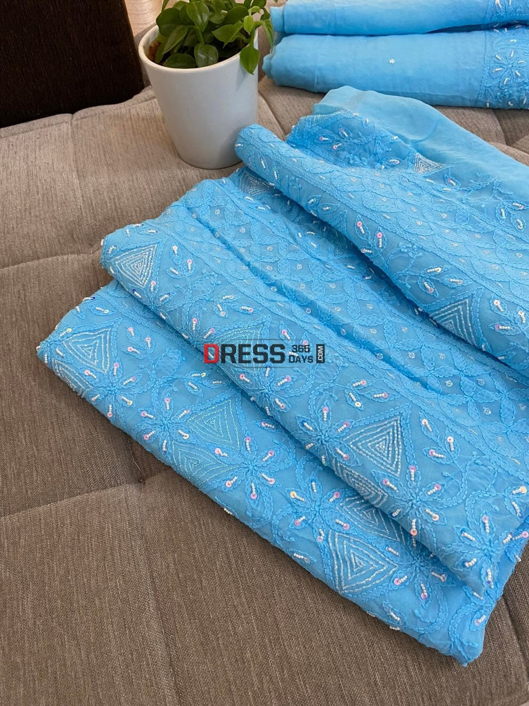 Blue Chikankari Pearl Kurta Dupatta Set Suits