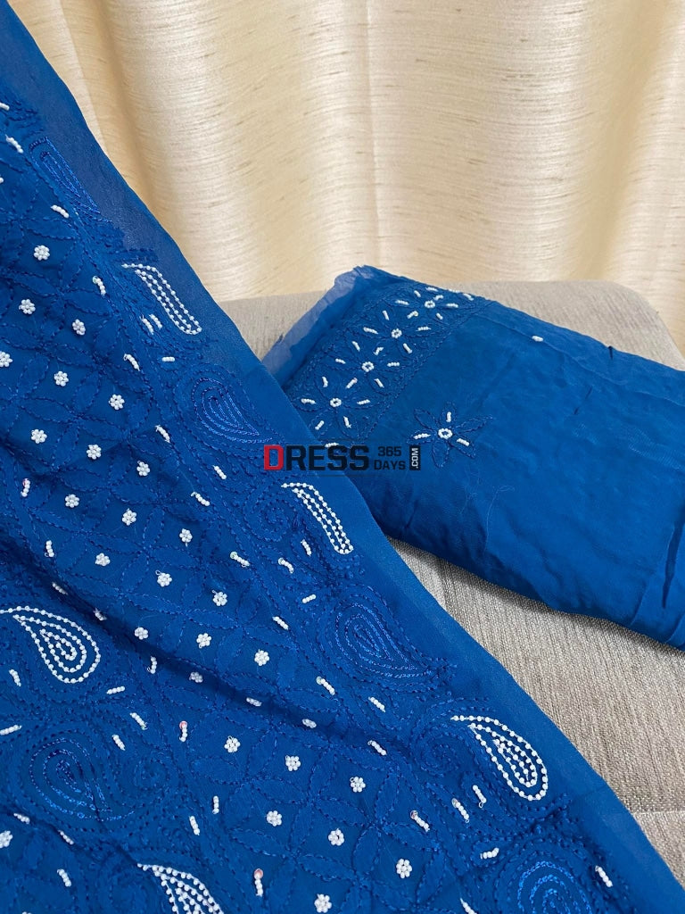Blue Chikankari Pearl Kurta Dupatta Set Suits