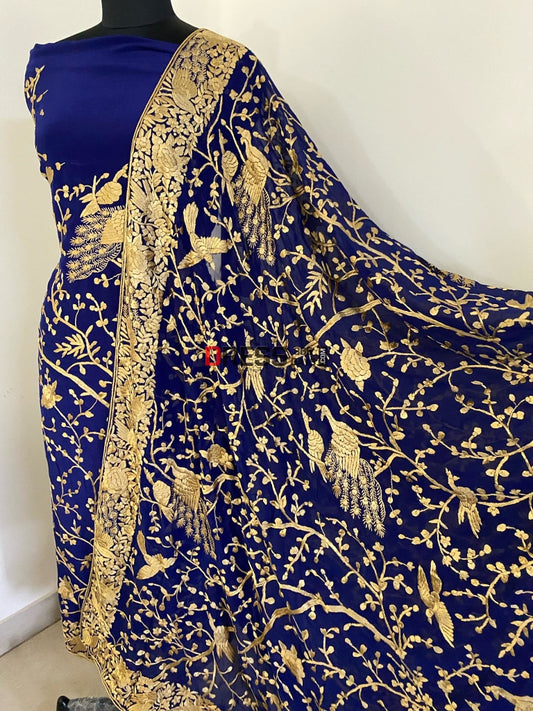 Blue & Gold Parsi Gara Hand Embroidered Three Piece Suit Suits