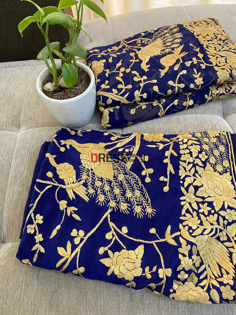 Blue & Gold Parsi Gara Hand Embroidered Three Piece Suit Suits
