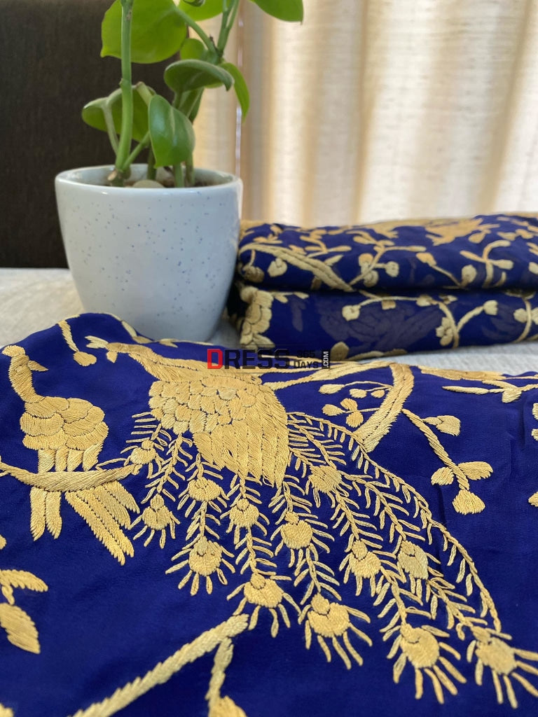 Blue & Gold Parsi Gara Hand Embroidered Three Piece Suit Suits