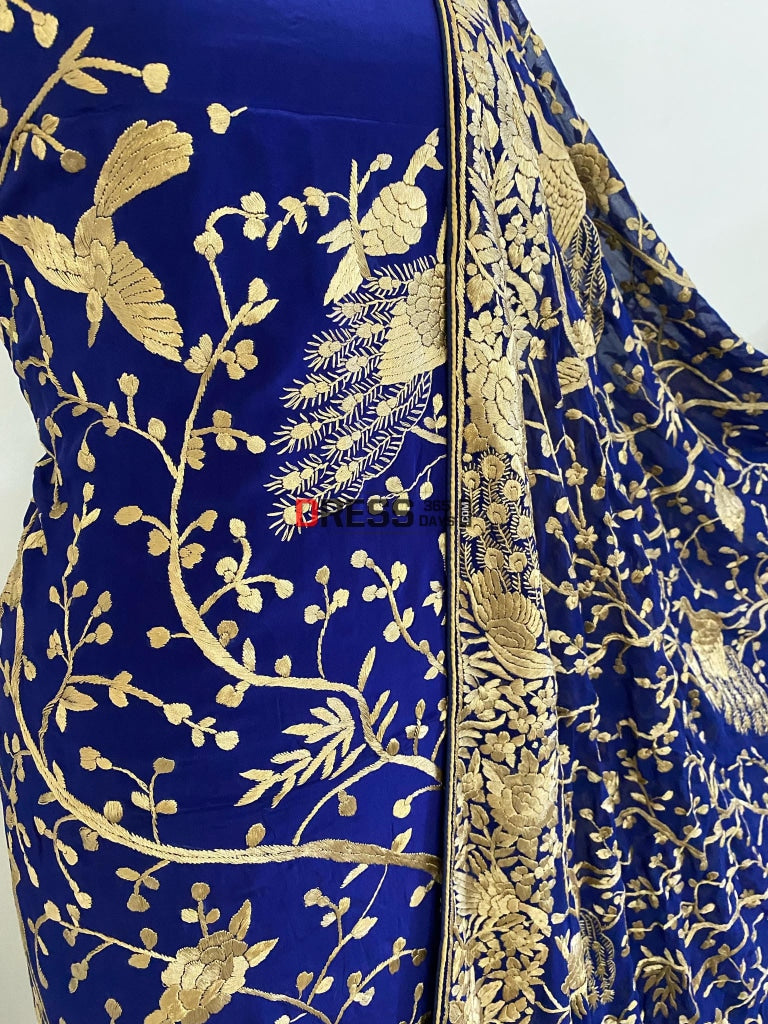 Blue & Gold Parsi Gara Hand Embroidered Three Piece Suit Suits