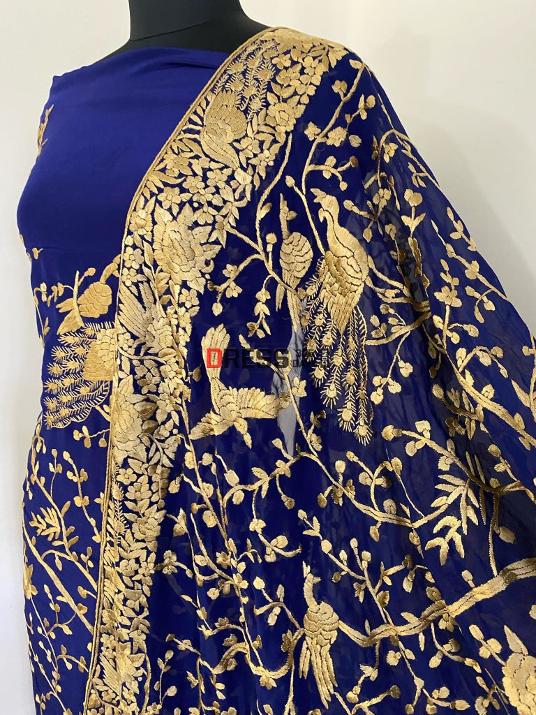Blue & Gold Parsi Gara Hand Embroidered Three Piece Suit Suits