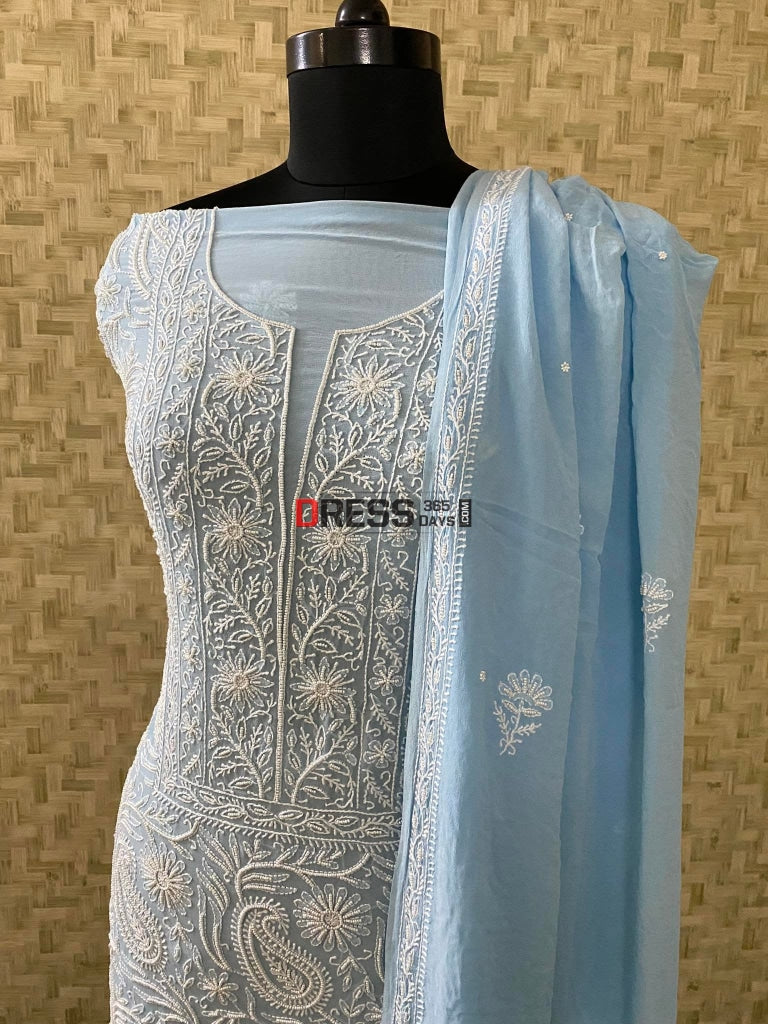 Blue Lucknowi Chikankari Pearl Work Kurta Dupatta Set Suits