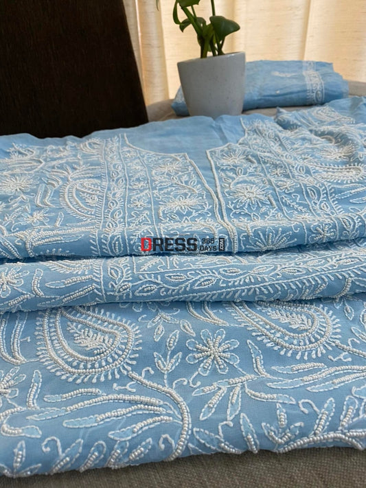 Blue Lucknowi Chikankari Pearl Work Kurta Dupatta Set Suits