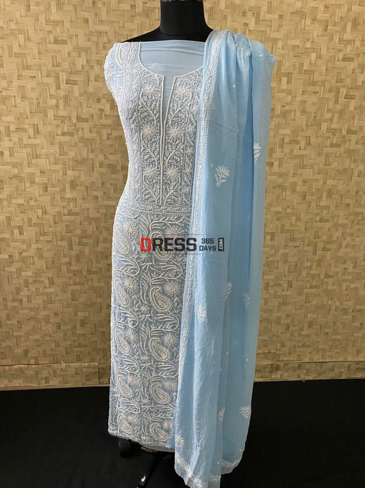 Blue Lucknowi Chikankari Pearl Work Kurta Dupatta Set Suits