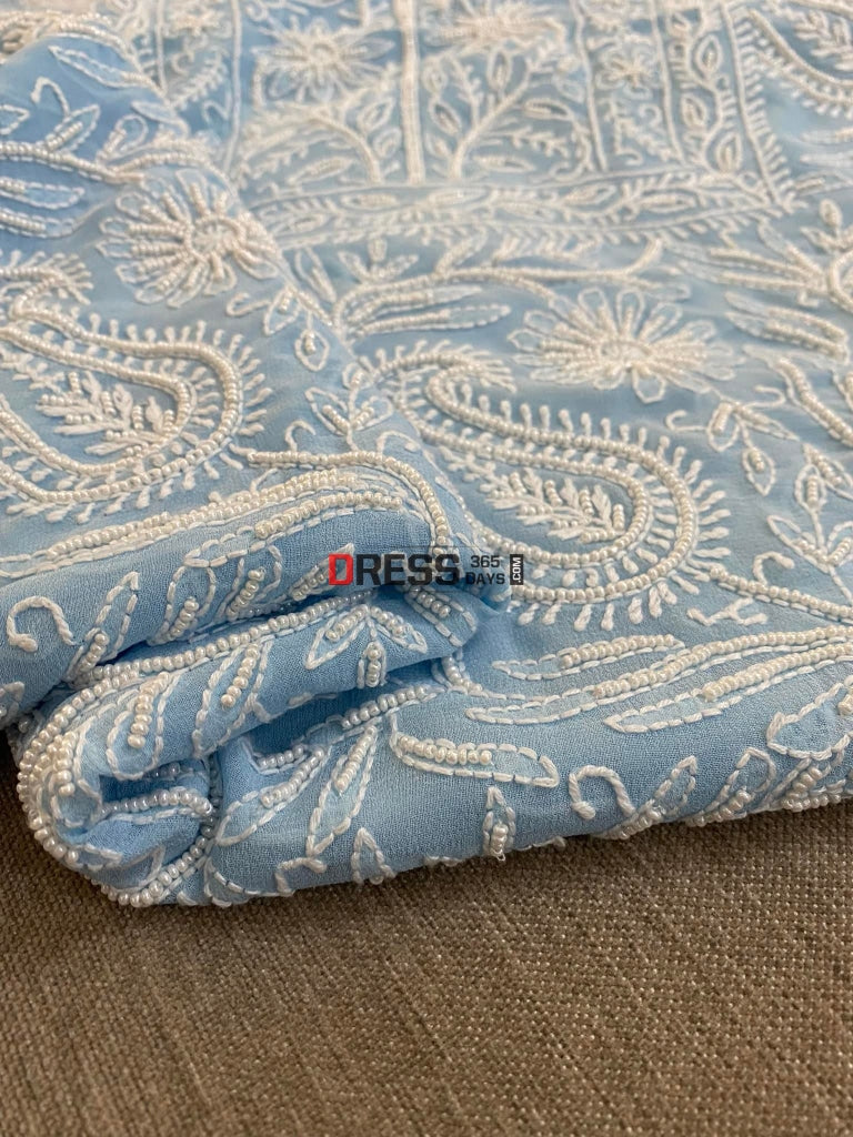 Blue Lucknowi Chikankari Pearl Work Kurta Dupatta Set Suits