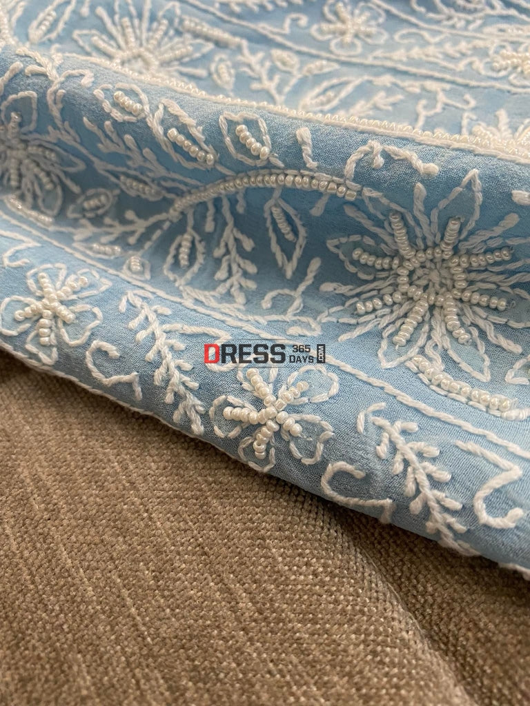 Blue Lucknowi Chikankari Pearl Work Kurta Dupatta Set Suits