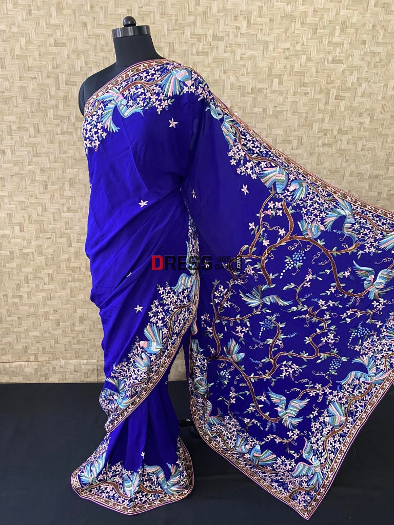 Blue & Multicolour Parsi Gara Saree- Crepe Silk Saree