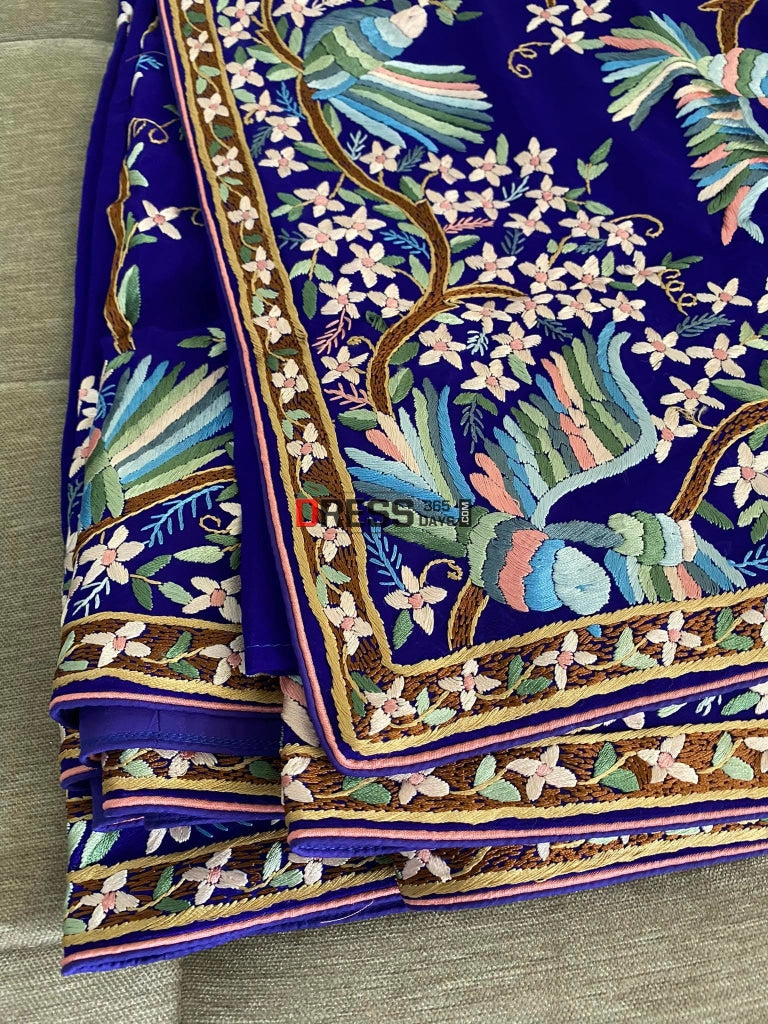 Blue & Multicolour Parsi Gara Saree- Crepe Silk Saree