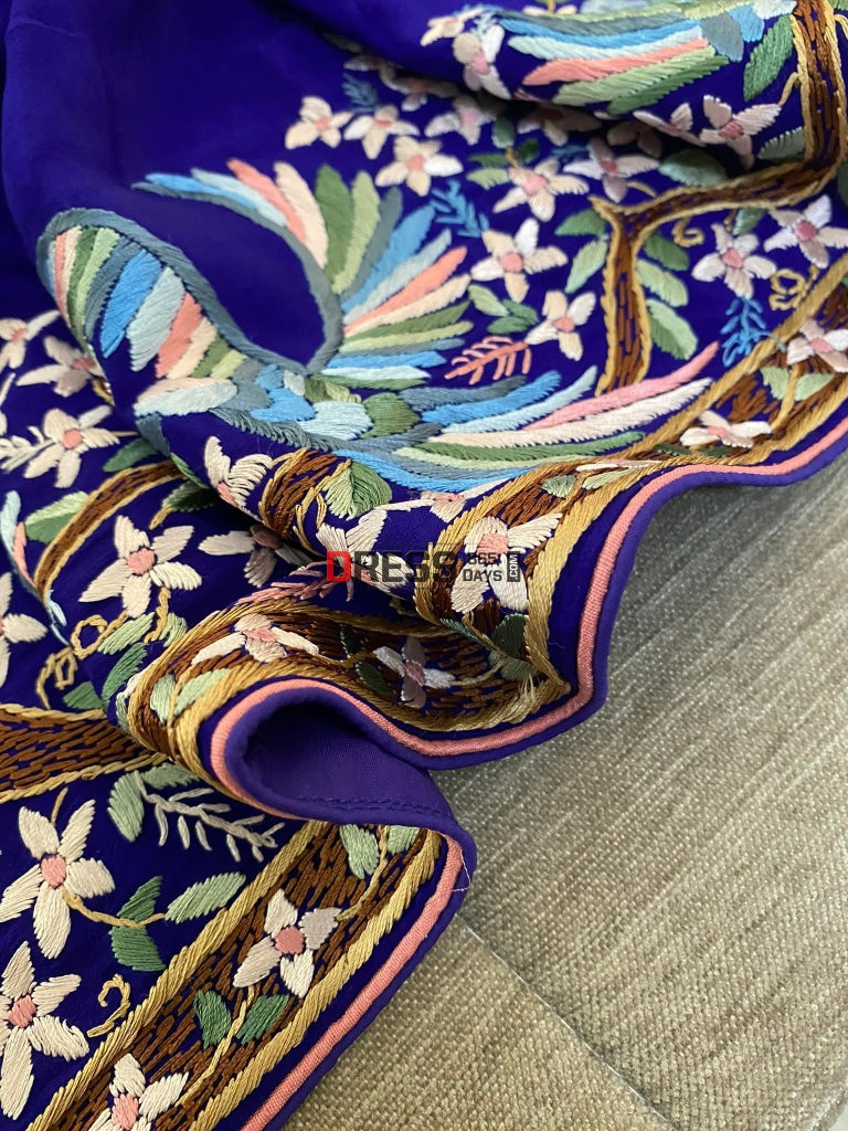 Blue & Multicolour Parsi Gara Saree- Crepe Silk Saree