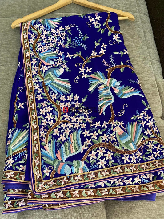 Blue & Multicolour Parsi Gara Saree- Crepe Silk Saree