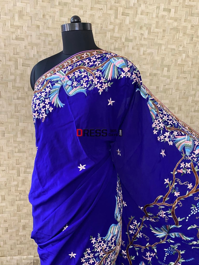 Blue & Multicolour Parsi Gara Saree- Crepe Silk Saree