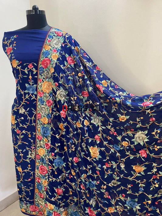 Blue Multicolour Parsi Gara Three Piece Suit Suits