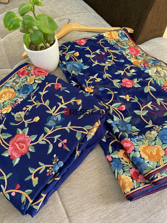 Blue Multicolour Parsi Gara Three Piece Suit Suits