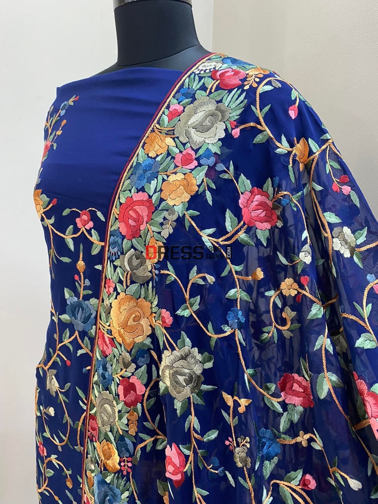 Blue Multicolour Parsi Gara Three Piece Suit Suits