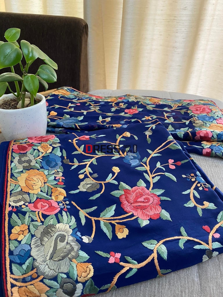 Blue Multicolour Parsi Gara Three Piece Suit Suits