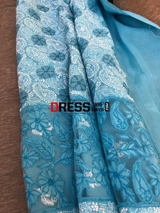 Blue Net Daaman Cotton Chikankari Kurti Fabric