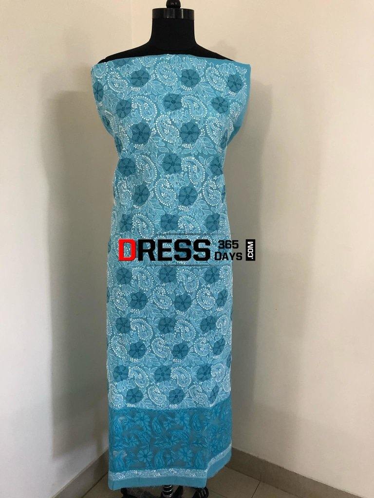 Blue Net Daaman Cotton Chikankari Kurti Fabric