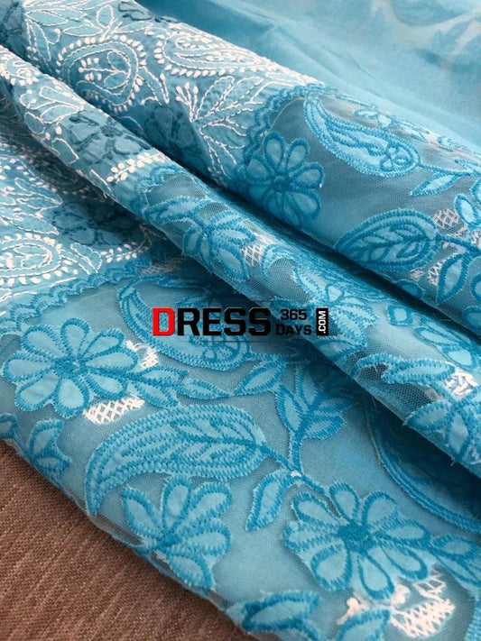 Blue Net Daaman Cotton Chikankari Kurti Fabric