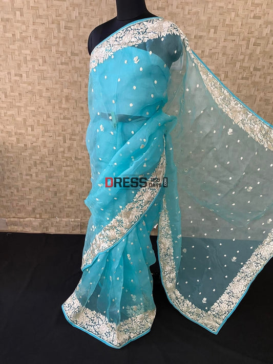 Blue Organza Parsi Gara Saree