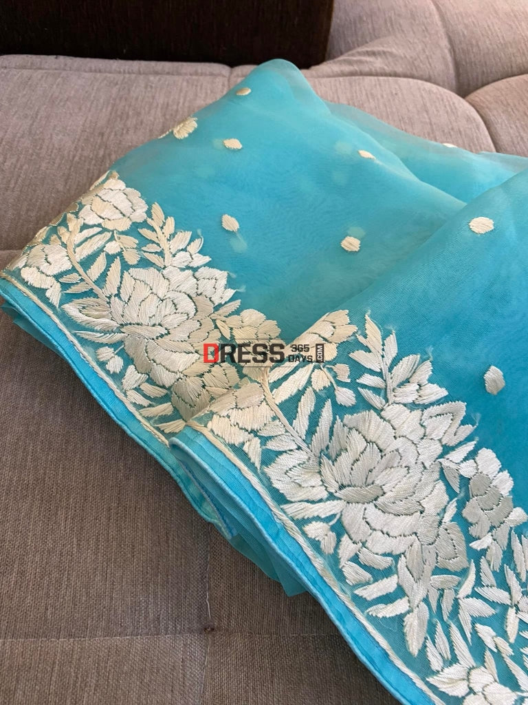 Blue Organza Parsi Gara Saree