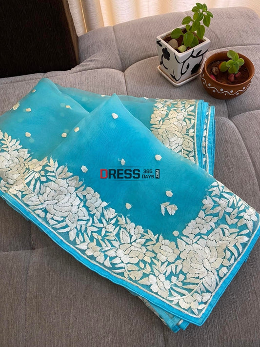 Blue Organza Parsi Gara Saree