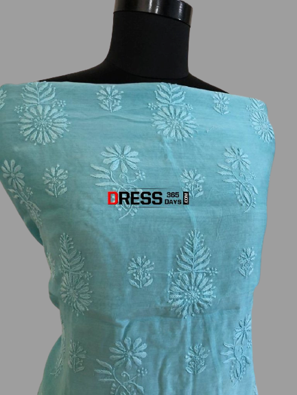 Bluish Green Chanderi Chikan Work Suit (Kurta and Dupatta) - Dress365days