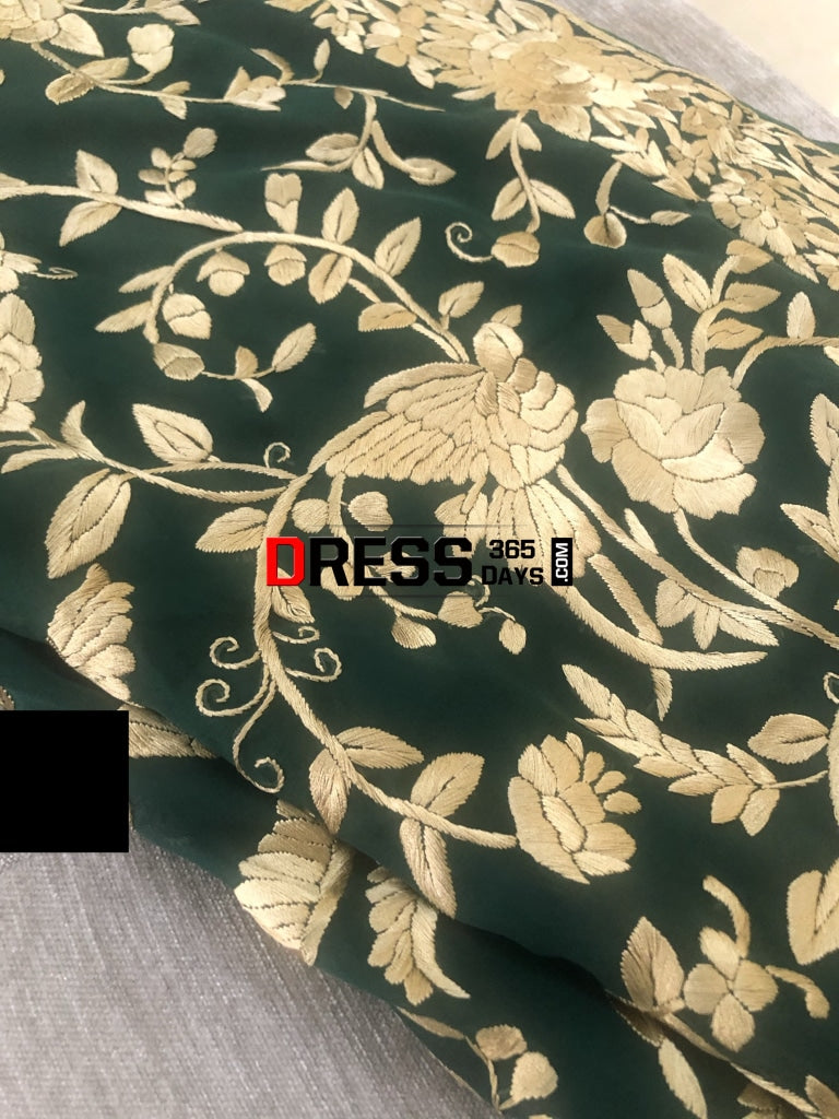 Bottle Green & Gold Hand Embroidered Parsi Gara Saree