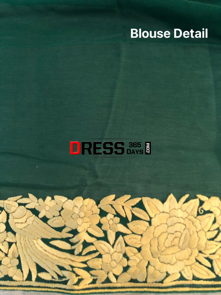 Bottle Green & Gold Hand Embroidered Parsi Gara Saree
