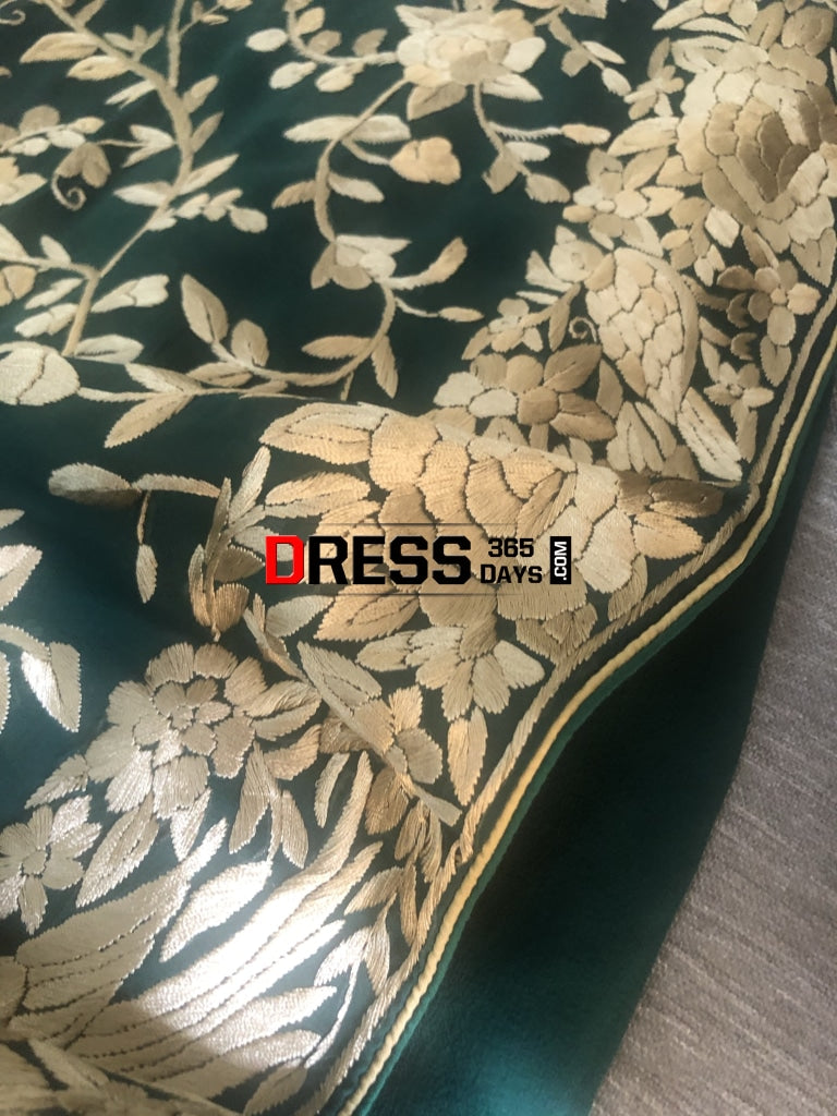 Bottle Green & Gold Hand Embroidered Parsi Gara Saree