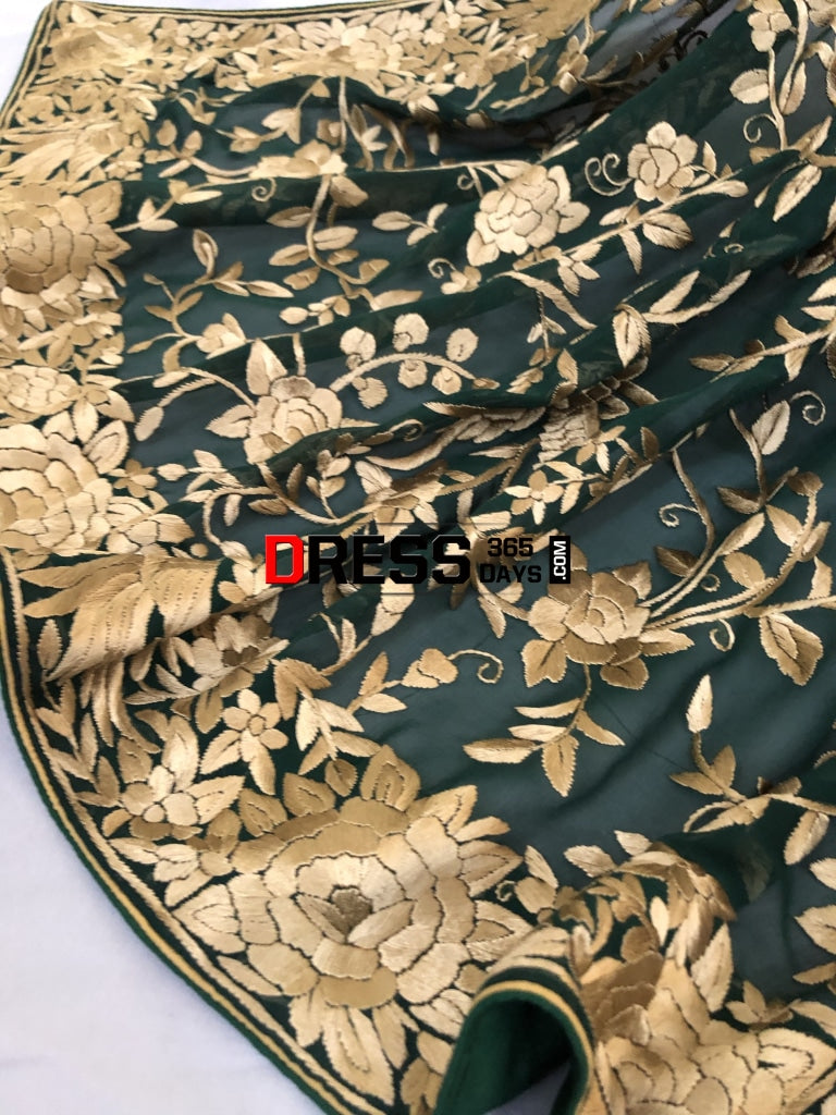 Bottle Green & Gold Hand Embroidered Parsi Gara Saree
