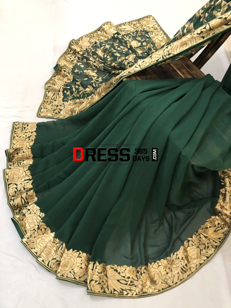 Bottle Green & Gold Hand Embroidered Parsi Gara Saree