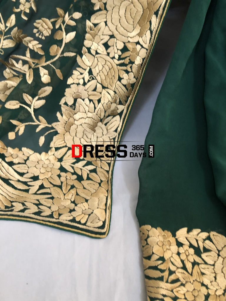 Bottle Green & Gold Hand Embroidered Parsi Gara Saree