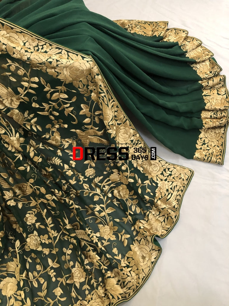 Bottle Green & Gold Hand Embroidered Parsi Gara Saree