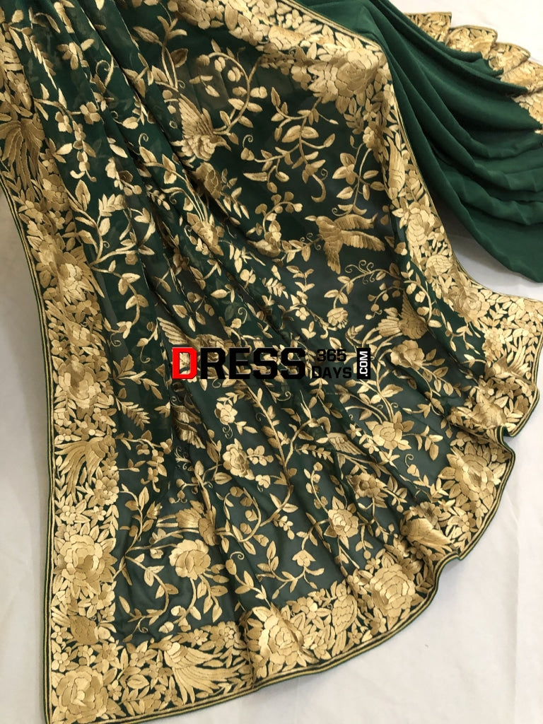 Bottle Green & Gold Hand Embroidered Parsi Gara Saree
