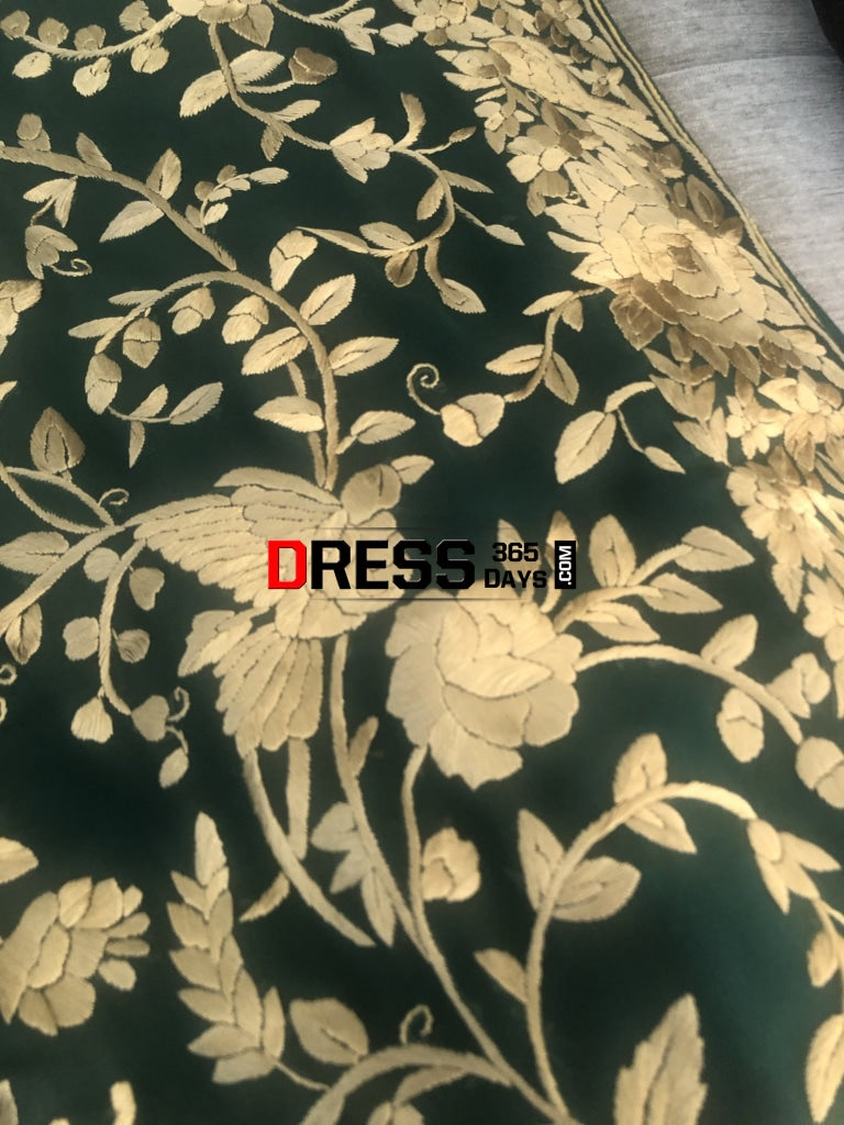 Bottle Green & Gold Hand Embroidered Parsi Gara Saree
